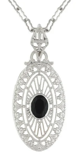 Art Deco Black Onyx Filigree Oval Pendant Necklace in Sterling Silver