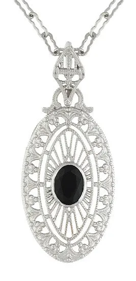 Art Deco Black Onyx Filigree Oval Pendant Necklace in Sterling Silver