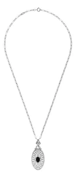 Art Deco Black Onyx Filigree Oval Pendant Necklace in Sterling Silver