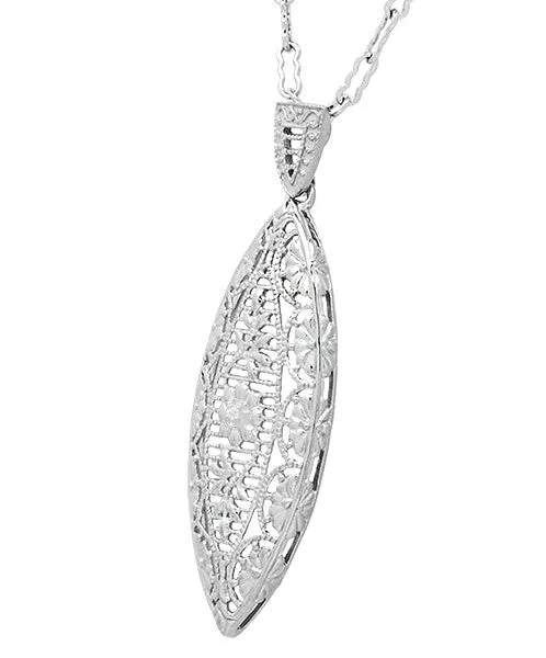 Art Deco Dangling Leaf Diamond Filigree Necklace in Sterling Silver