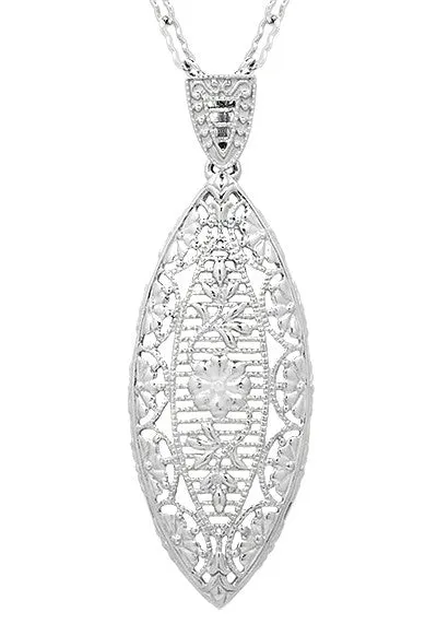 Art Deco Dangling Leaf Diamond Filigree Necklace in Sterling Silver