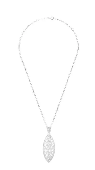 Art Deco Dangling Leaf Diamond Filigree Necklace in Sterling Silver