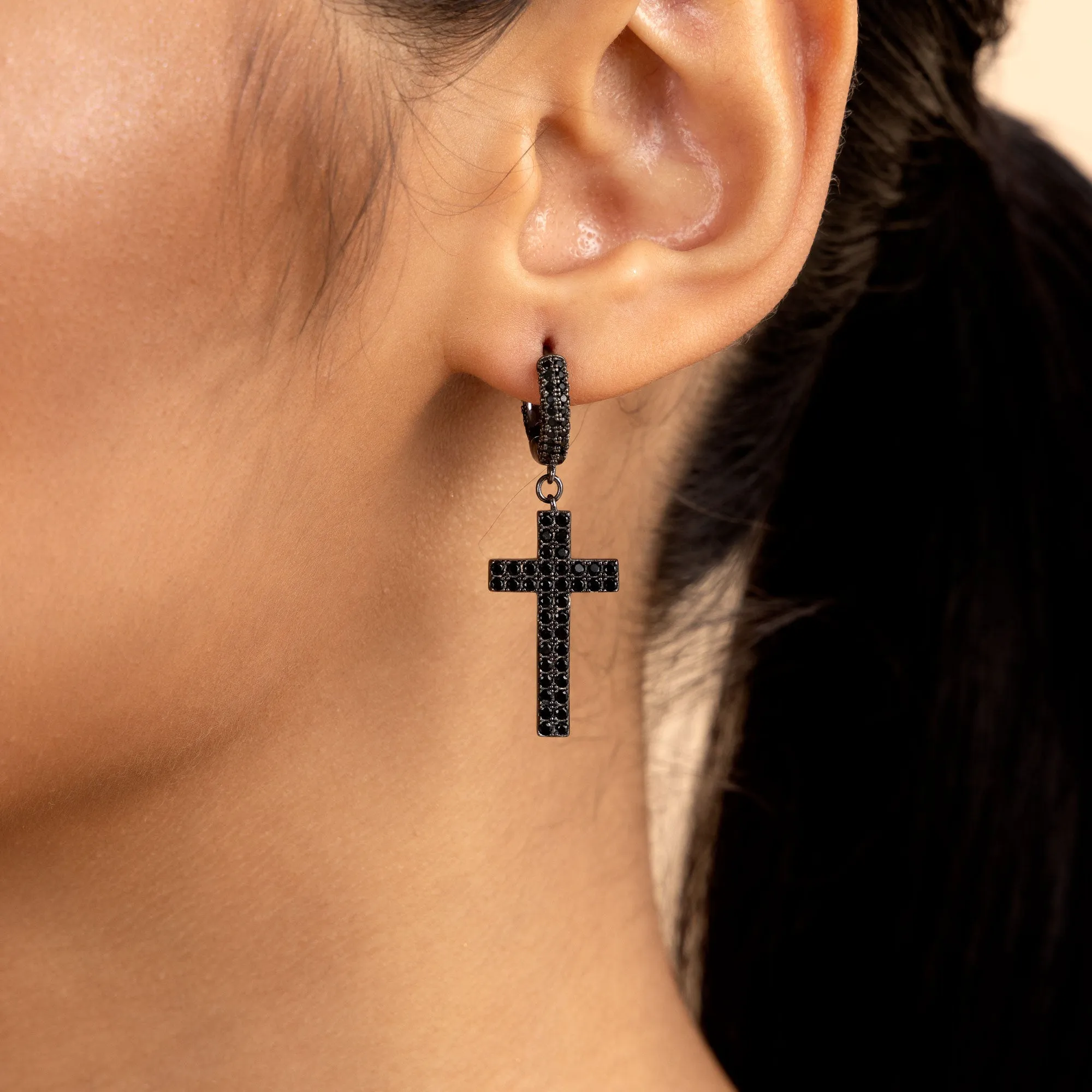 Asymmetric Cross And Iced Hoop Black Earrings