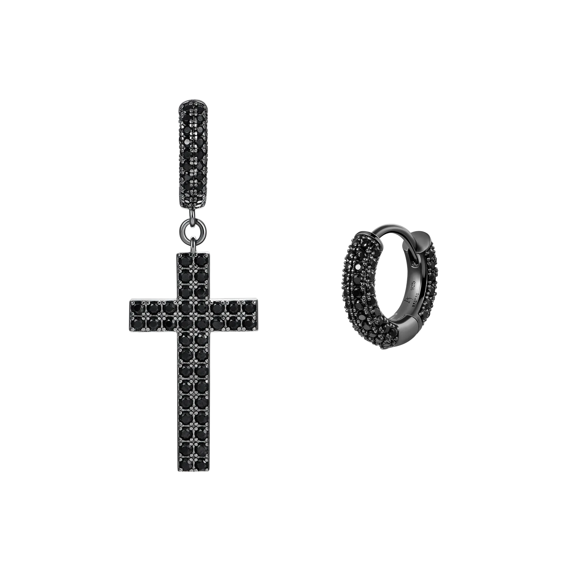 Asymmetric Cross And Iced Hoop Black Earrings