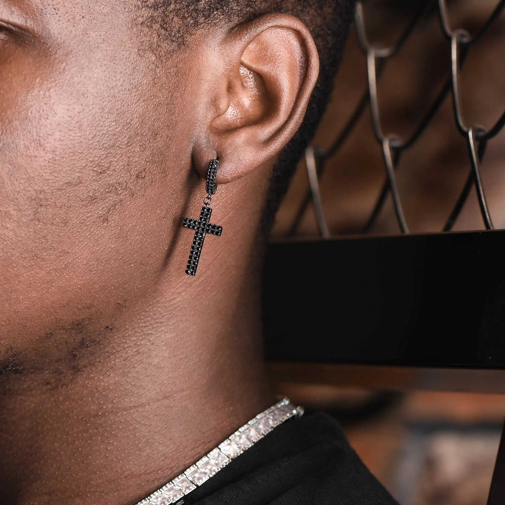 Asymmetric Cross And Iced Hoop Black Earrings