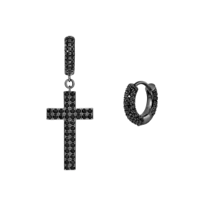 Asymmetric Cross And Iced Hoop Black Earrings