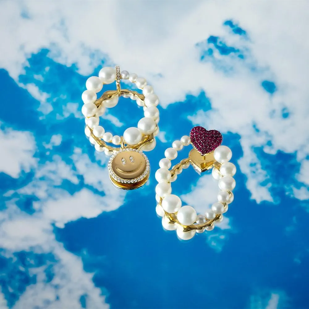 Asymmetric Pearl Earrings Heart & Happy Face - Yellow Silver