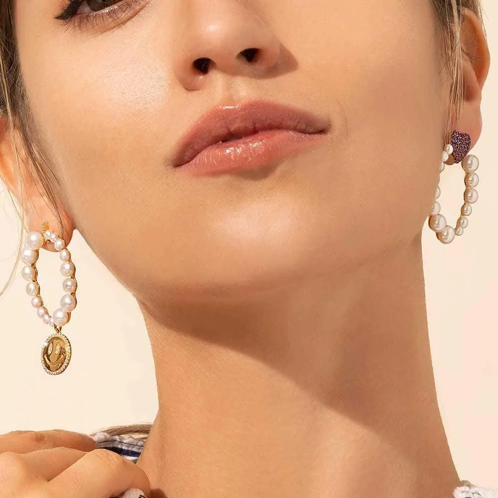 Asymmetric Pearl Earrings Heart & Happy Face - Yellow Silver