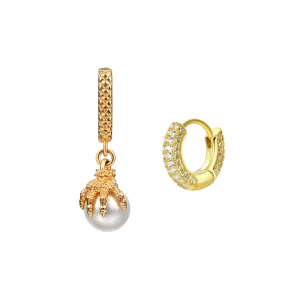 Asymmetric WONG Dragon Pearl And Iced Hoop Earrings Set