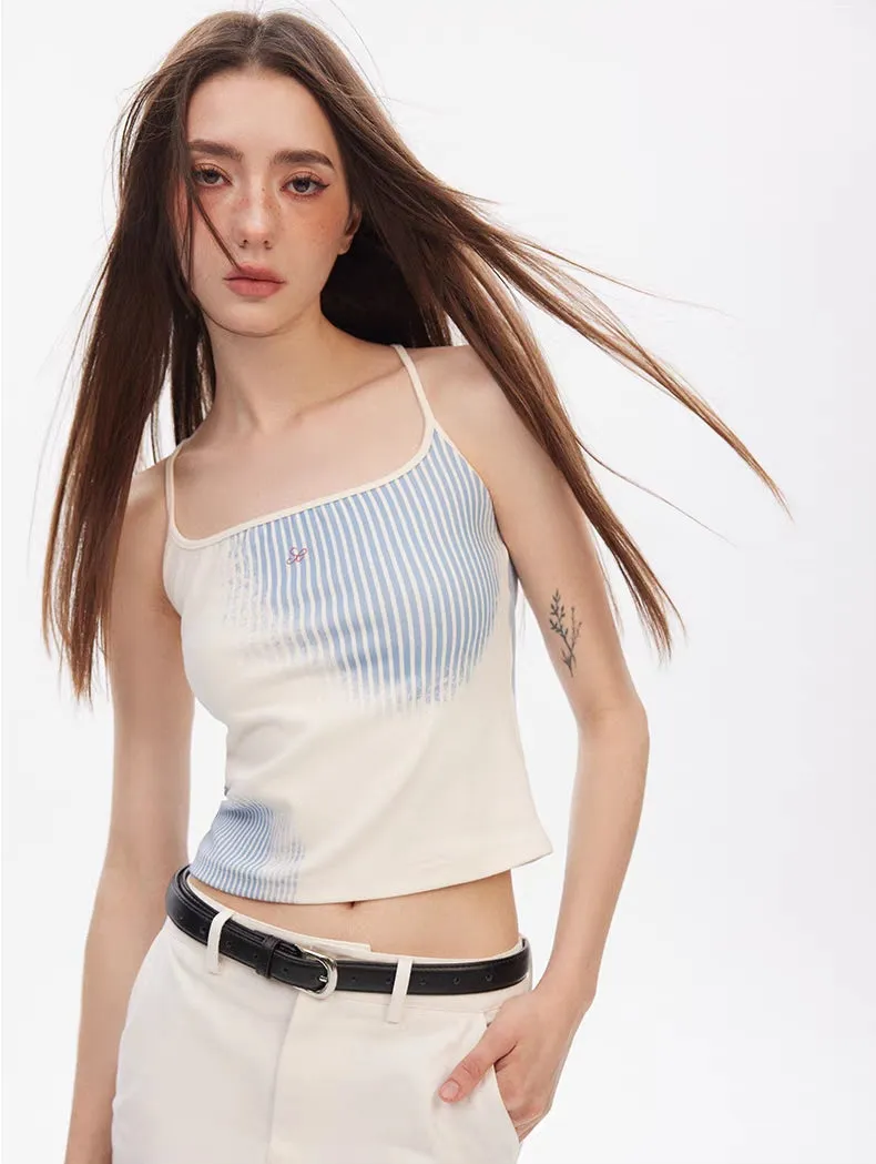 Asymmetrical Striped Patchwork Tank  Blue Mist