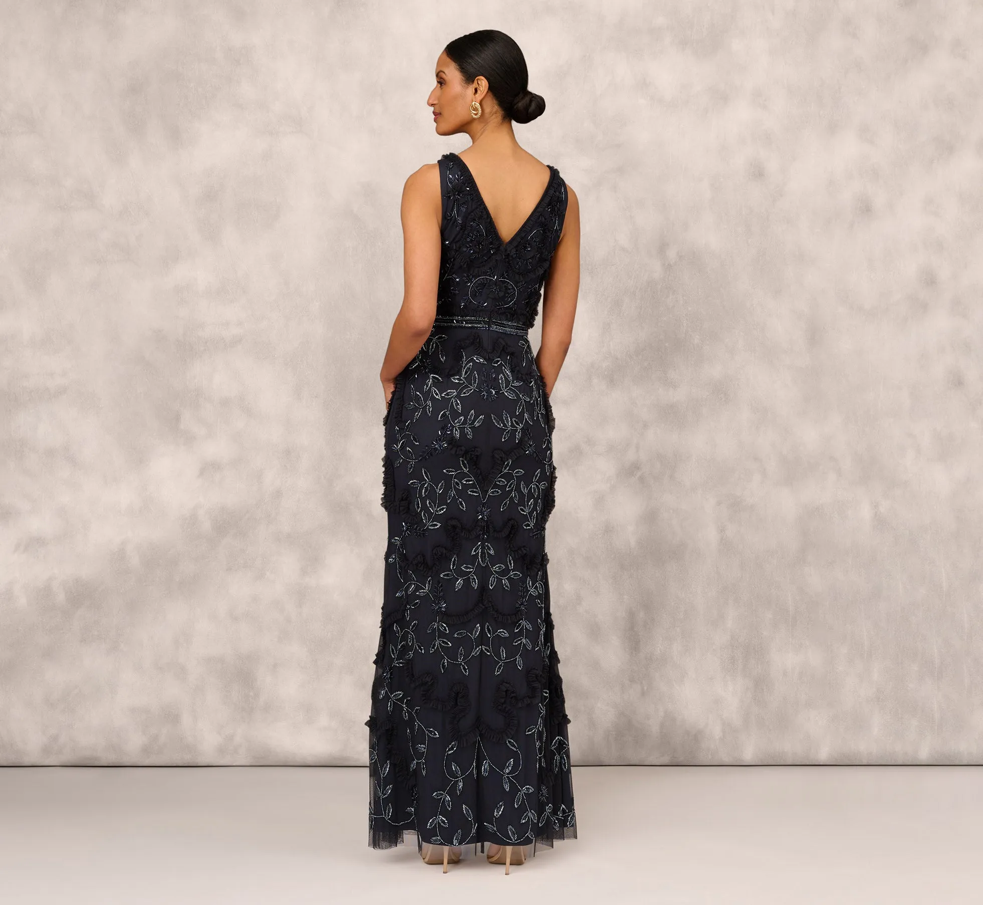 Beaded Ruffle Sleeveless Gown With V-Neck And Back In Twilight
