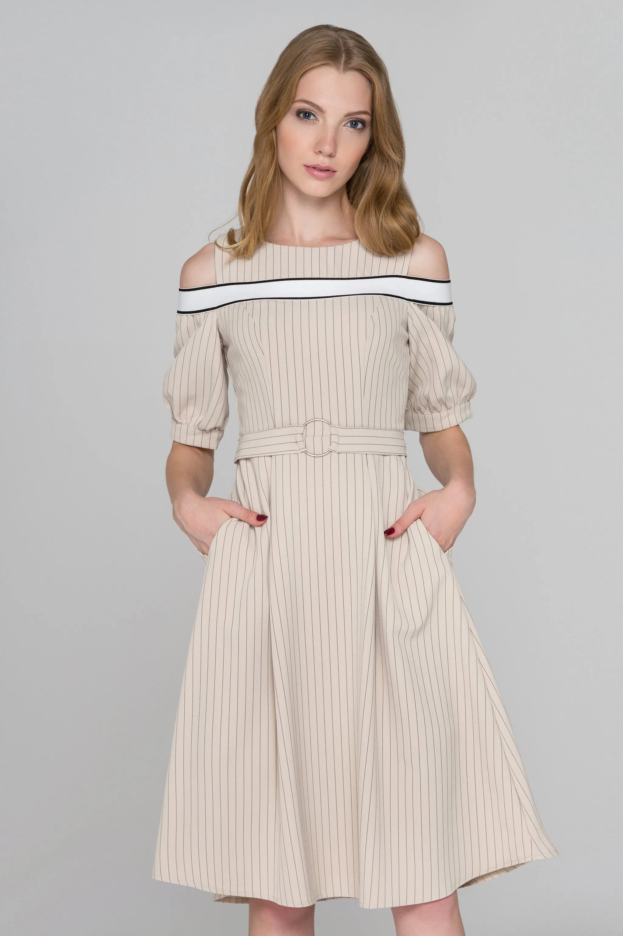 Beige Pin Stripes Cold Shoulder Midi Dress