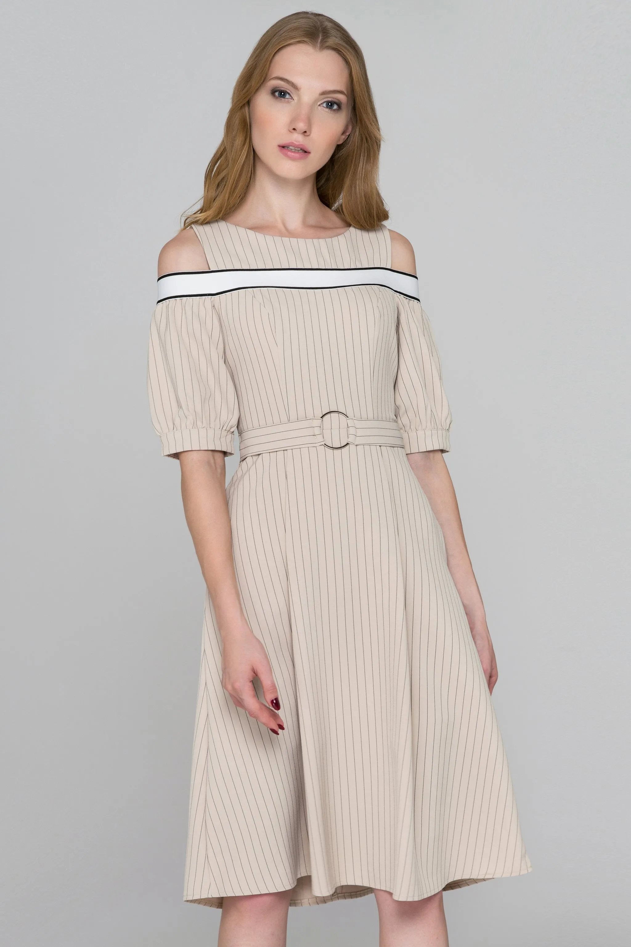 Beige Pin Stripes Cold Shoulder Midi Dress