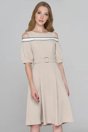 Beige Pin Stripes Cold Shoulder Midi Dress
