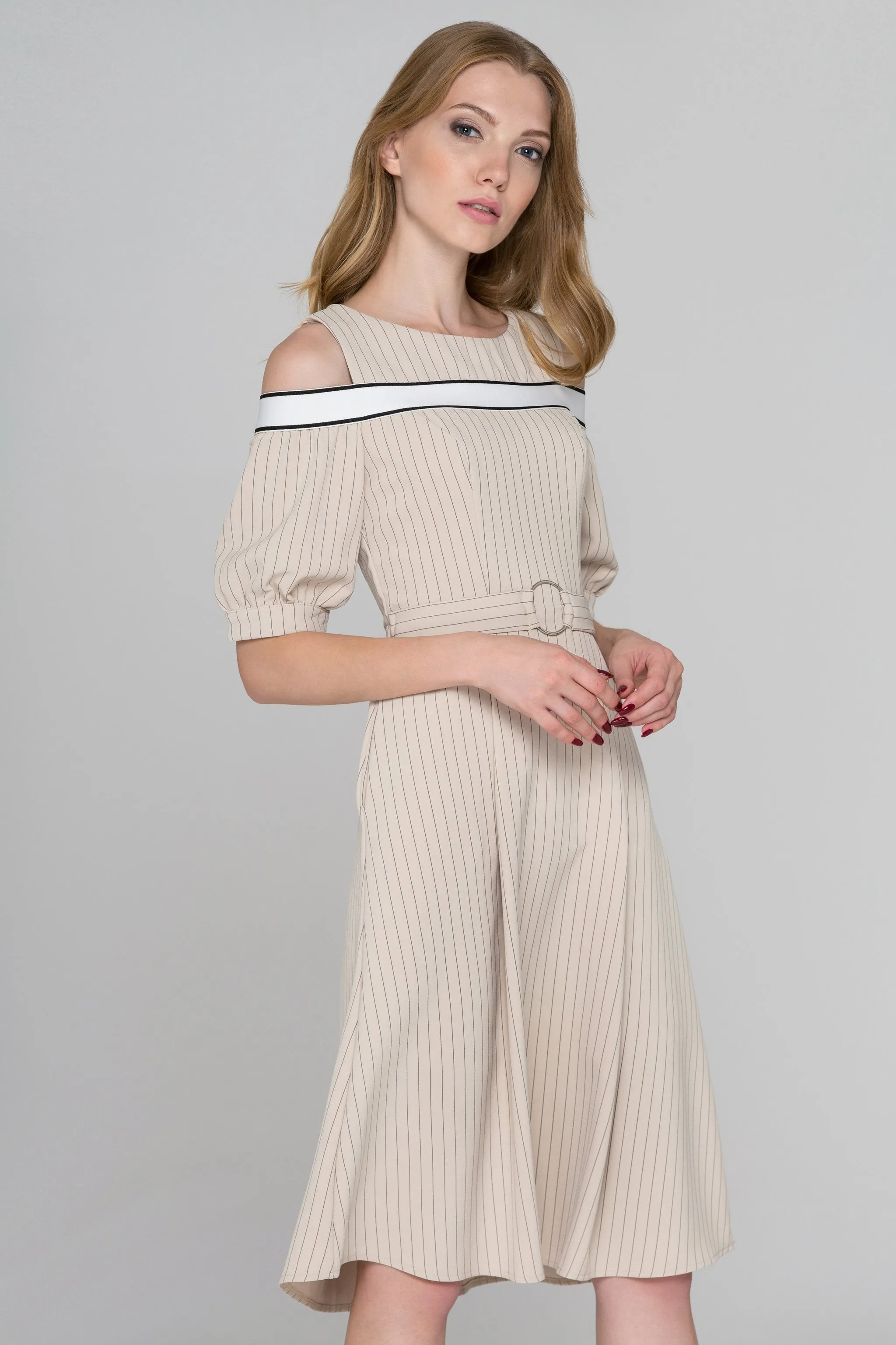 Beige Pin Stripes Cold Shoulder Midi Dress