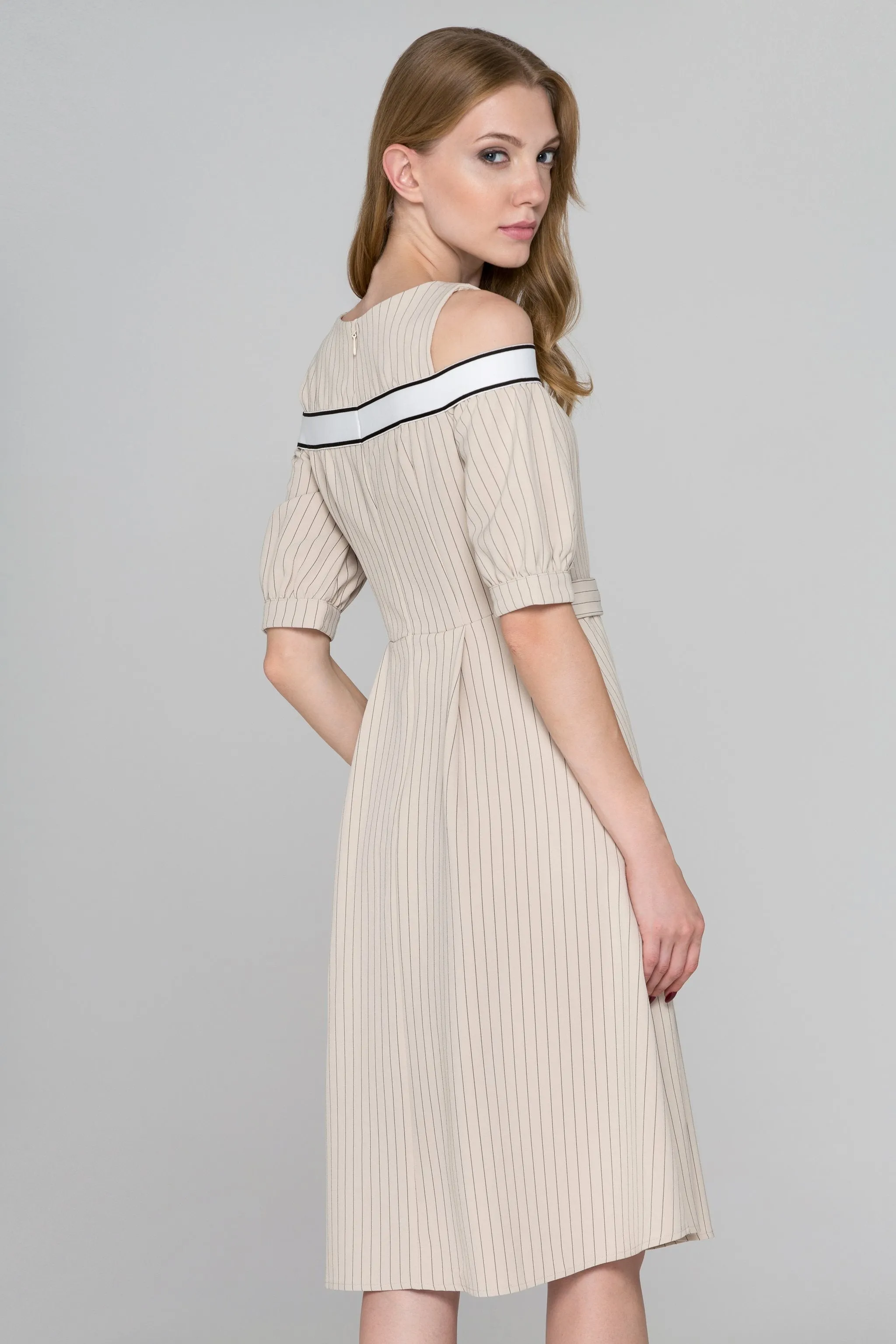 Beige Pin Stripes Cold Shoulder Midi Dress