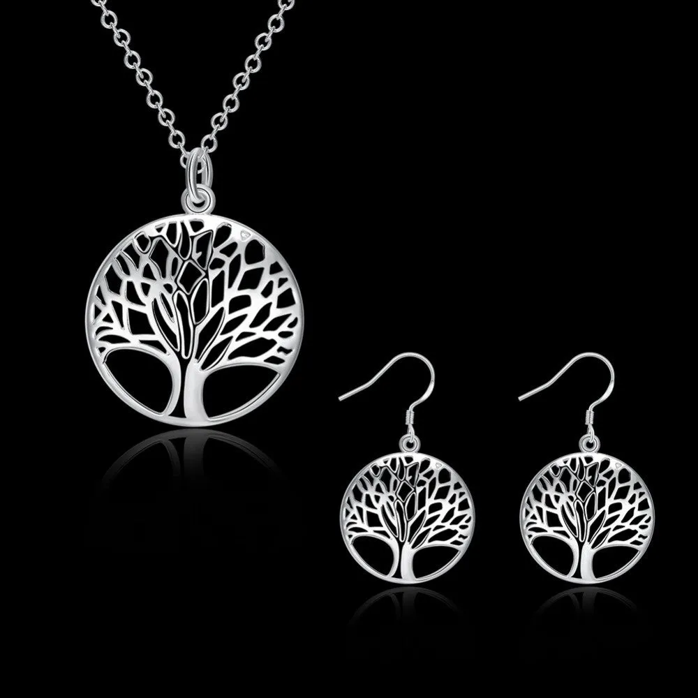 Best Silver Tree Of Life jewelry set necklace earring 18inch totem gift wife girl friend women wedding Valentines