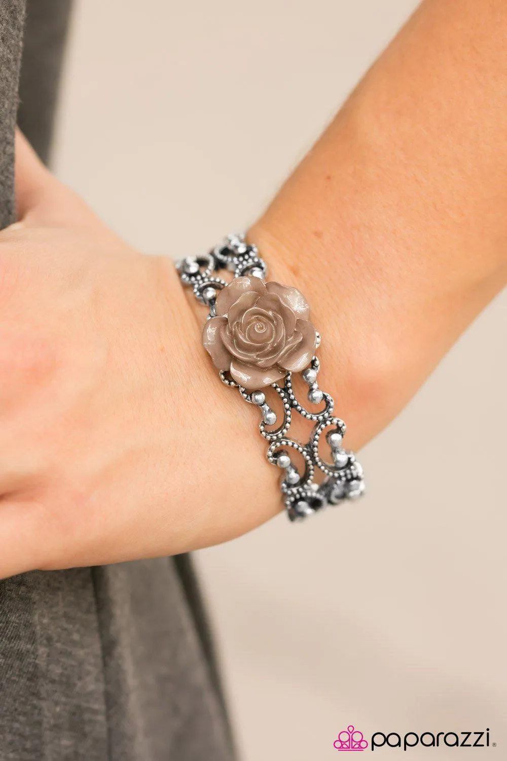 Botanical Bliss Brown Rose and Silver Cuff Bracelet - Paparazzi Accessories
