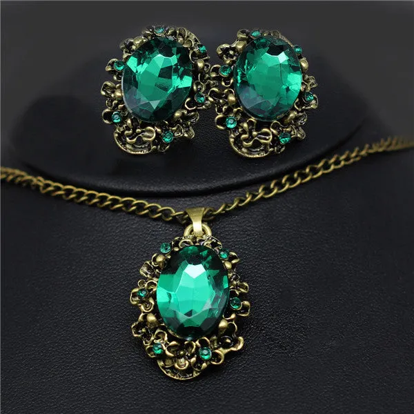 Bridal Fashion Jewelry Sets Crystal Vintage Bronze Plated Necklace Earrings Bracelet Rings