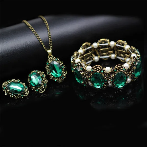 Bridal Fashion Jewelry Sets Crystal Vintage Bronze Plated Necklace Earrings Bracelet Rings