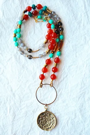Carnelian Agate and Turquoise Czech Beads Tibetan Zodiac Calendar Necklace, E04172 The Villa