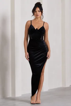 Courchevel | Black Velvet Strappy Corset Asymmetric Maxi Dress