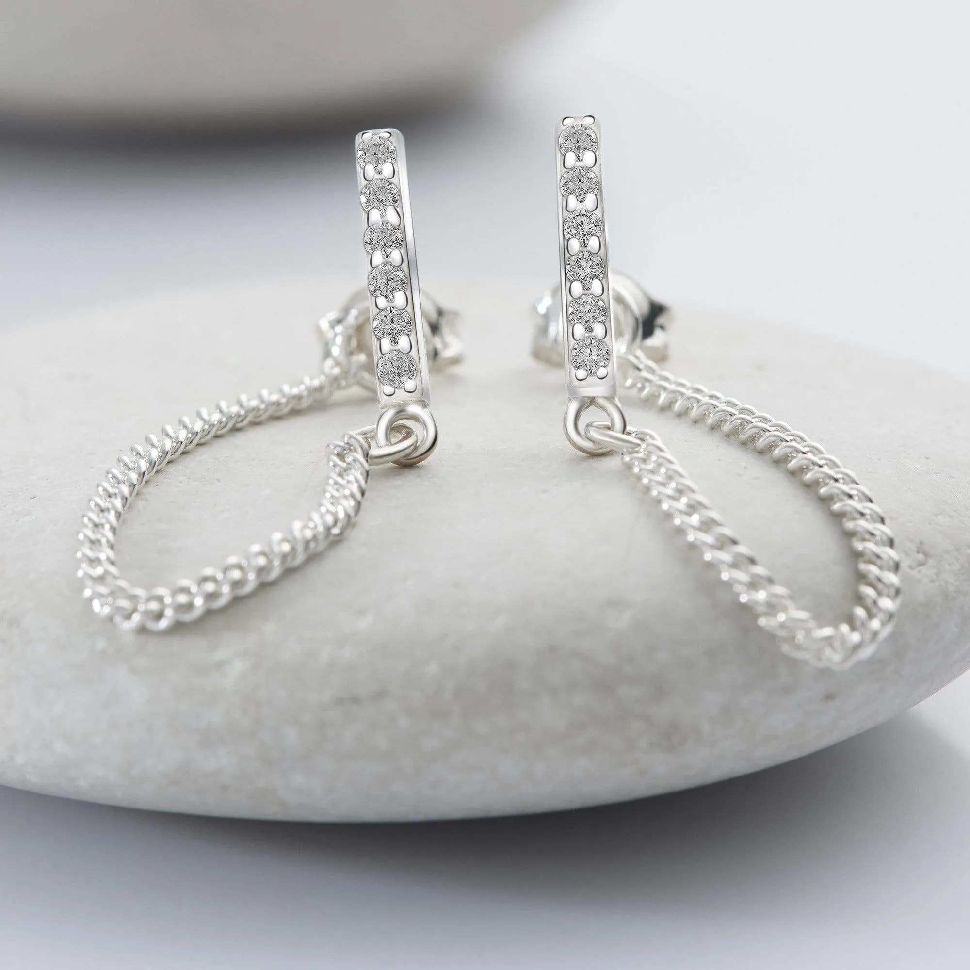 CZ Bar Dangling Stud Earrings Sterling Silver