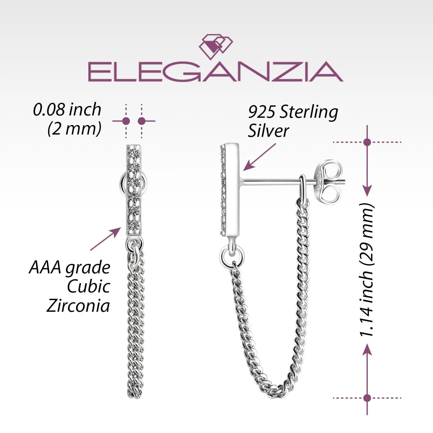 CZ Bar Dangling Stud Earrings Sterling Silver