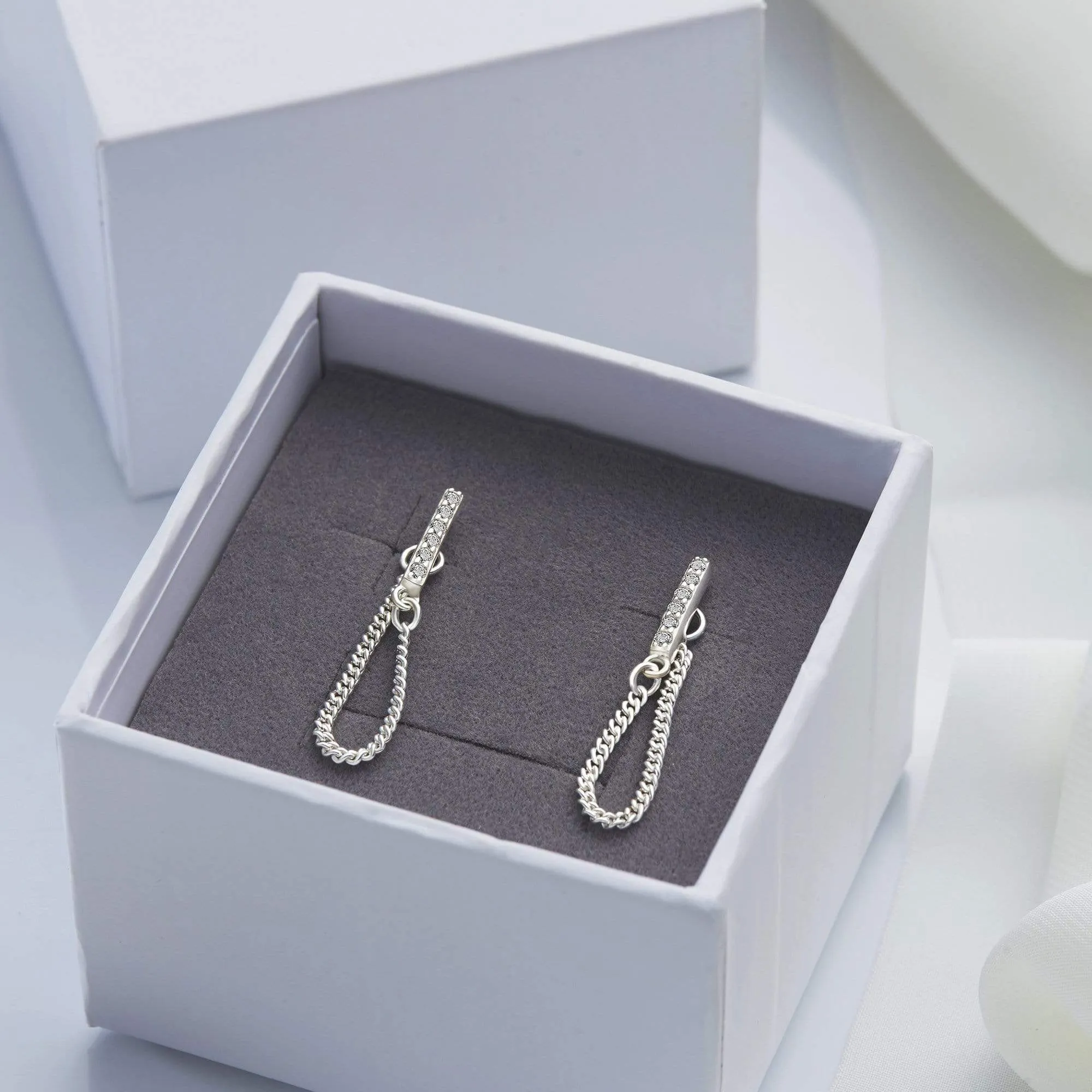 CZ Bar Dangling Stud Earrings Sterling Silver