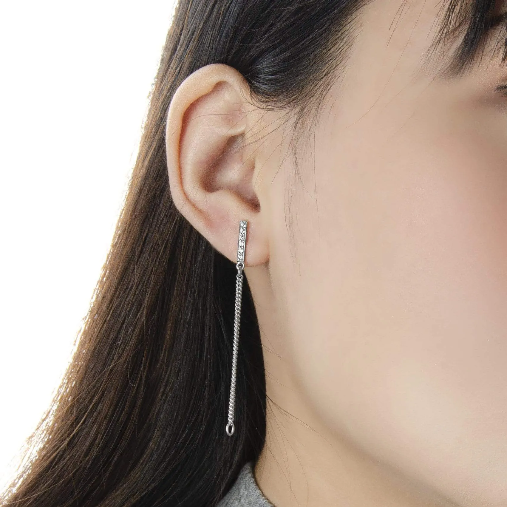 CZ Bar Dangling Stud Earrings Sterling Silver