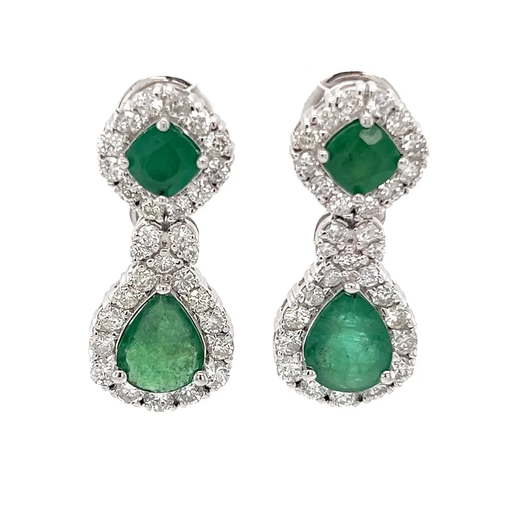 Double Drop Emerald Diamond Halo Earrings