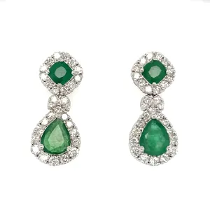 Double Drop Emerald Diamond Halo Earrings