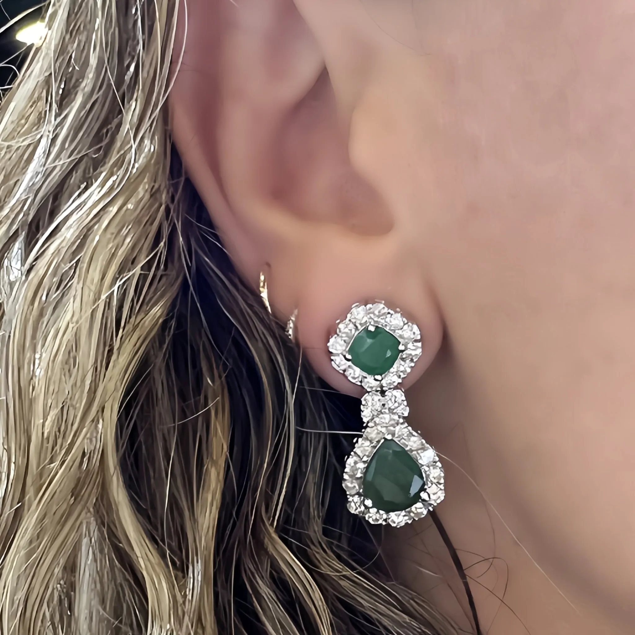 Double Drop Emerald Diamond Halo Earrings