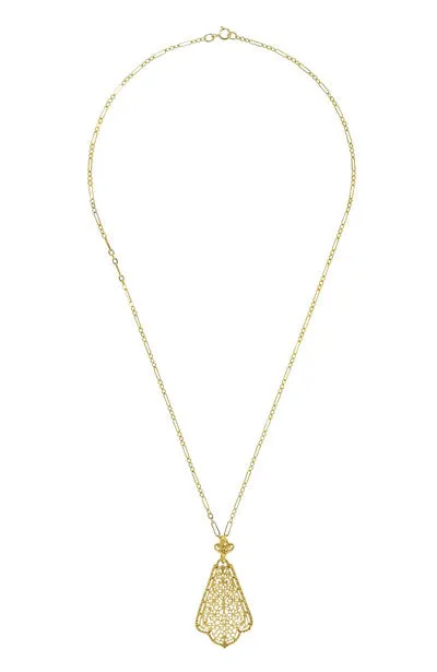 Edwardian Scalloped Leaf Dangling Filigree Pendant Necklace in Sterling Silver with Yellow Gold Vermeil