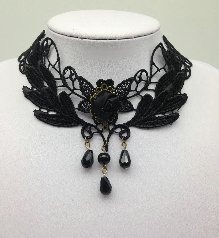 Elegant Queen Victoria Rose Necklace - Vintage Black Lace and Collarbone Accessories