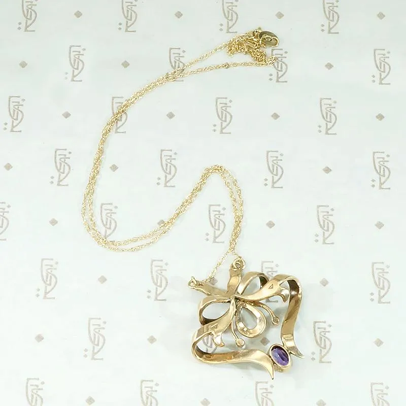 European Pearl & Amethyst Gold Bow Pendant