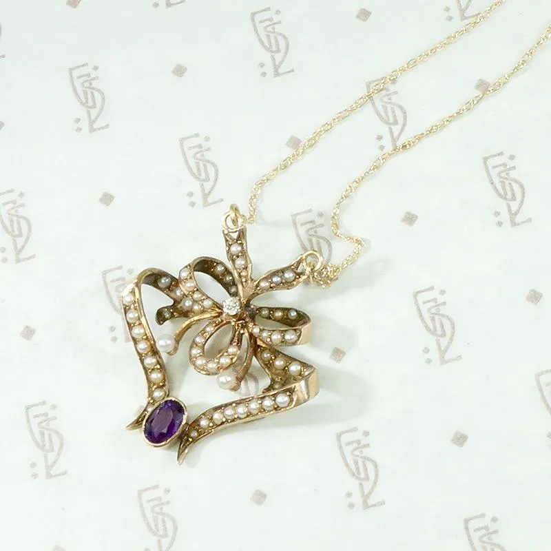 European Pearl & Amethyst Gold Bow Pendant