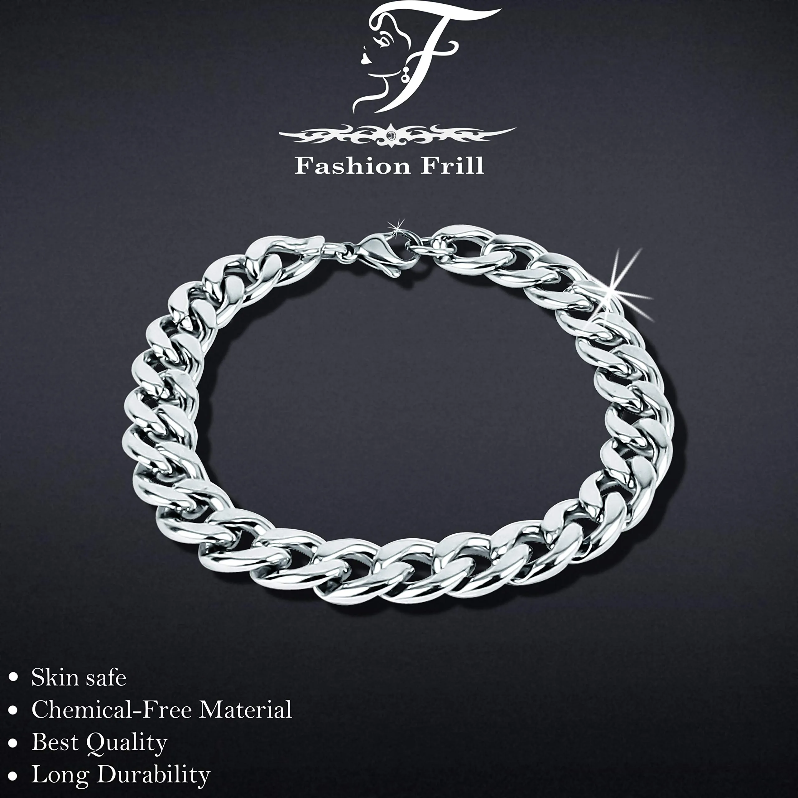 Fashion Frill Stylish Silver Plated Stainless Steel Chain Style Silver Bracelet For Men Boys Mens Bracelets 8.5 Inches