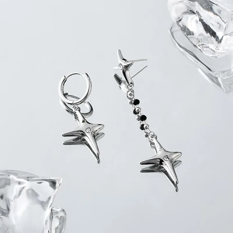 Female Minority Design Asymmetric Four Star Silver Needle Earrings