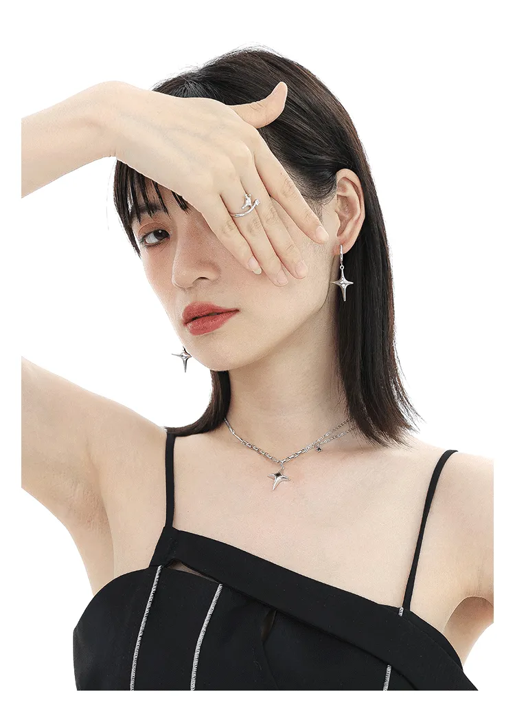 Female Minority Design Asymmetric Four Star Silver Needle Earrings