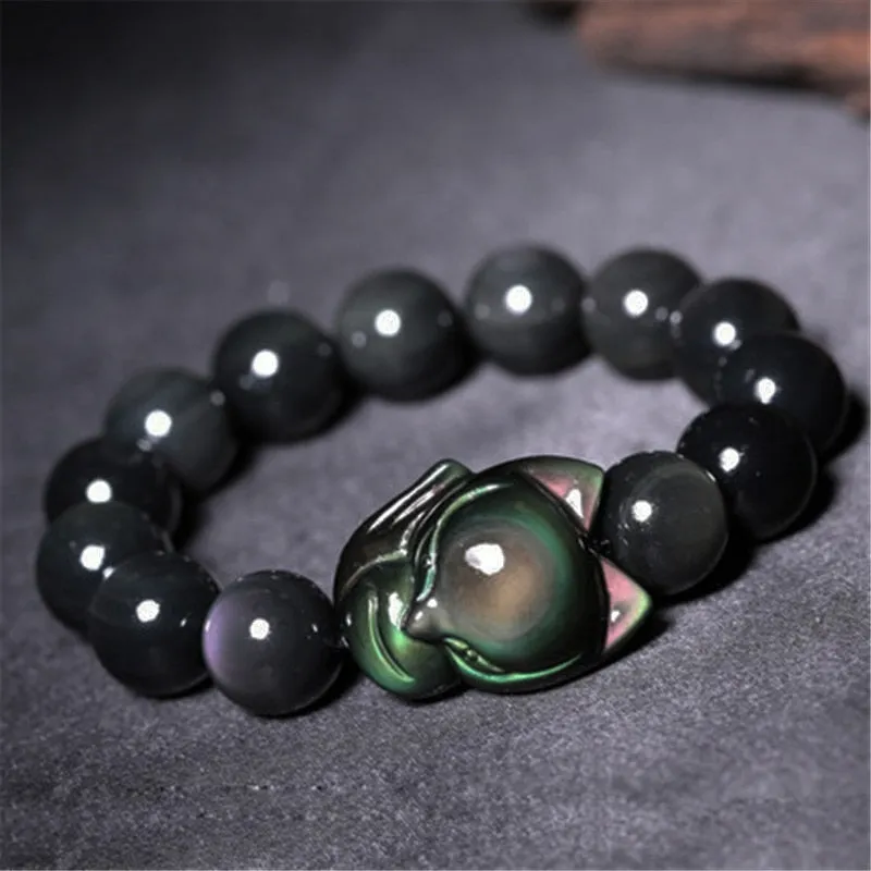 Feng Shui Small Fox Fairy Bracelet Black Obsidian Beads Lucky Protector