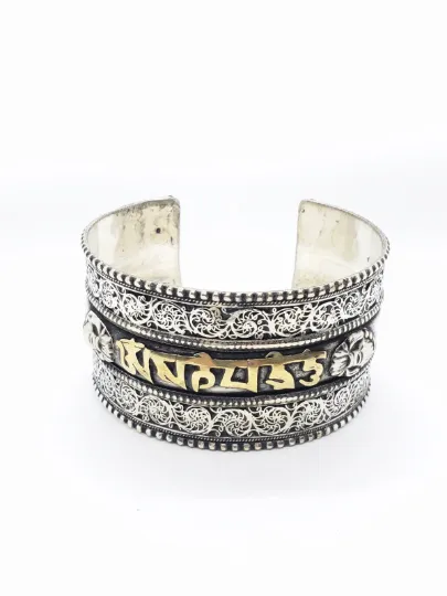 Filigree Handmade Wide Cuff Metal Bracelet with Buddhist Healing Mantra