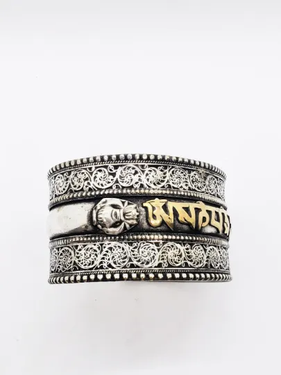 Filigree Handmade Wide Cuff Metal Bracelet with Buddhist Healing Mantra