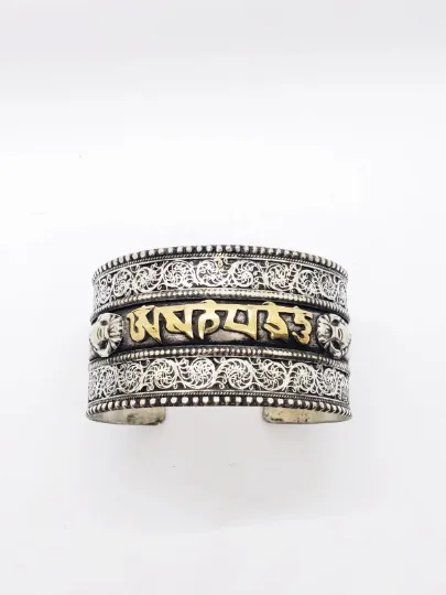 Filigree Handmade Wide Cuff Metal Bracelet with Buddhist Healing Mantra