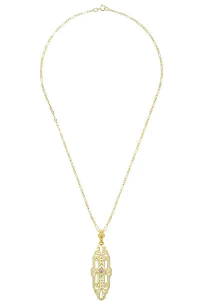 Filigree Lozenge Shape 1920's Art Deco Pink Sapphire Necklace in Sterling Silver with Yellow Gold Vermeil