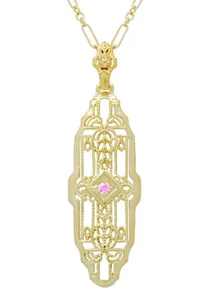 Filigree Lozenge Shape 1920's Art Deco Pink Sapphire Necklace in Sterling Silver with Yellow Gold Vermeil