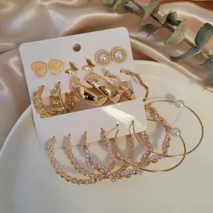 Gold Plated Vintage Big Circle Hoop & Butterfly Heart Shaped Korean Pearl Alloy Hoop Earring - Pair Of 9