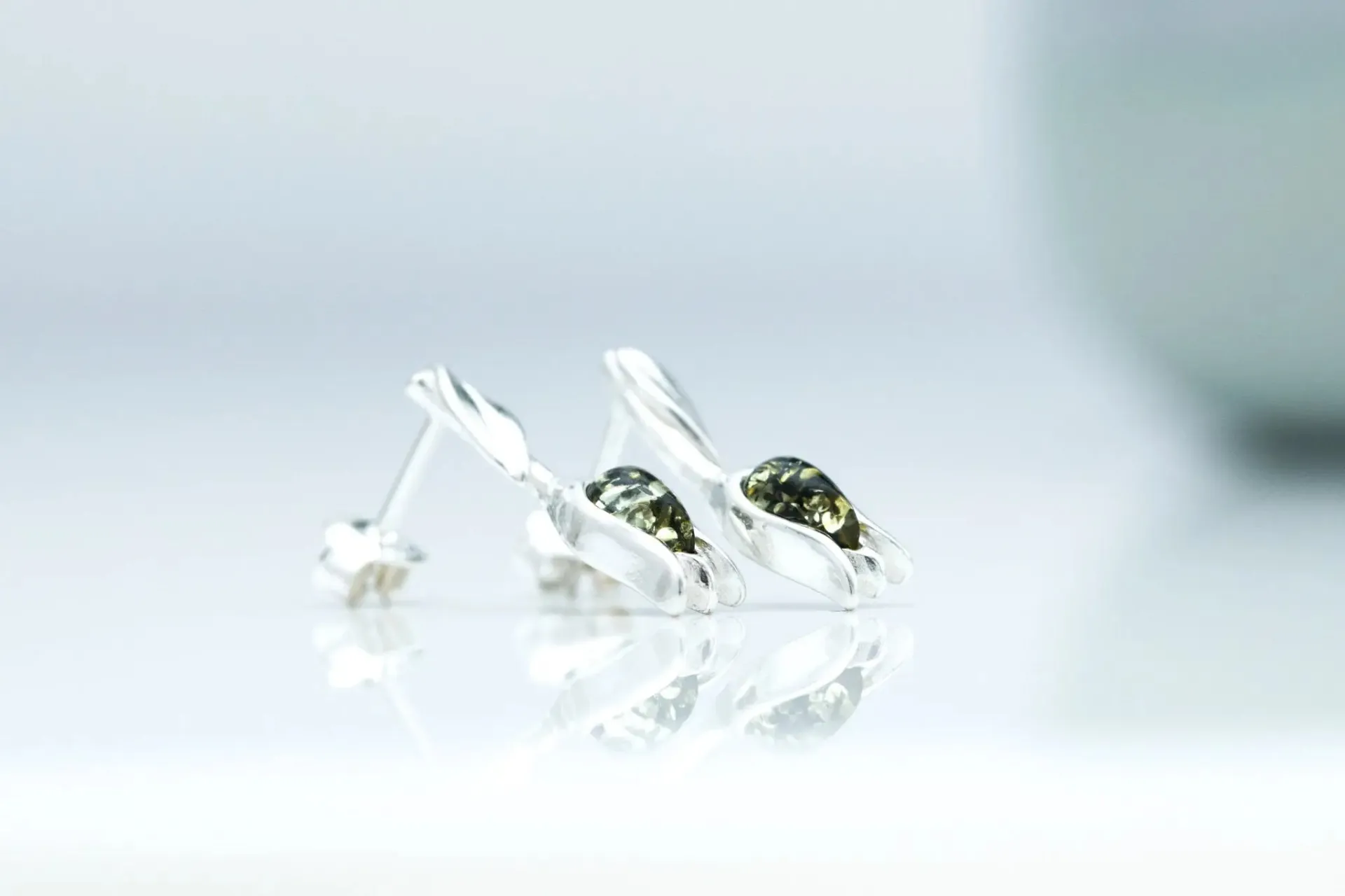 Green Amber Tulip Stud Earrings - Handcrafted Sterling Silver and Baltic Amber