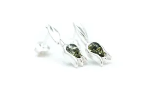 Green Amber Tulip Stud Earrings - Handcrafted Sterling Silver and Baltic Amber