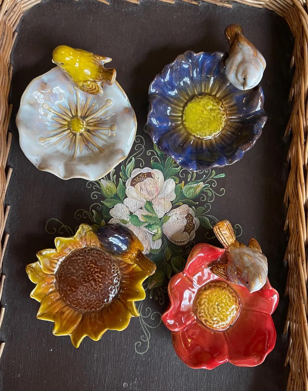 Hand Painted Bird on Blue Flower Majolica Soap Dish / Candy Bowl